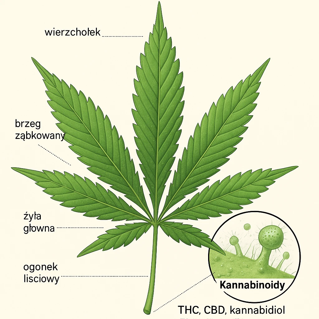 Budowa liścia marihuany – anatomia konopi i lokalizacja kannabinoidów (THC, CBD)