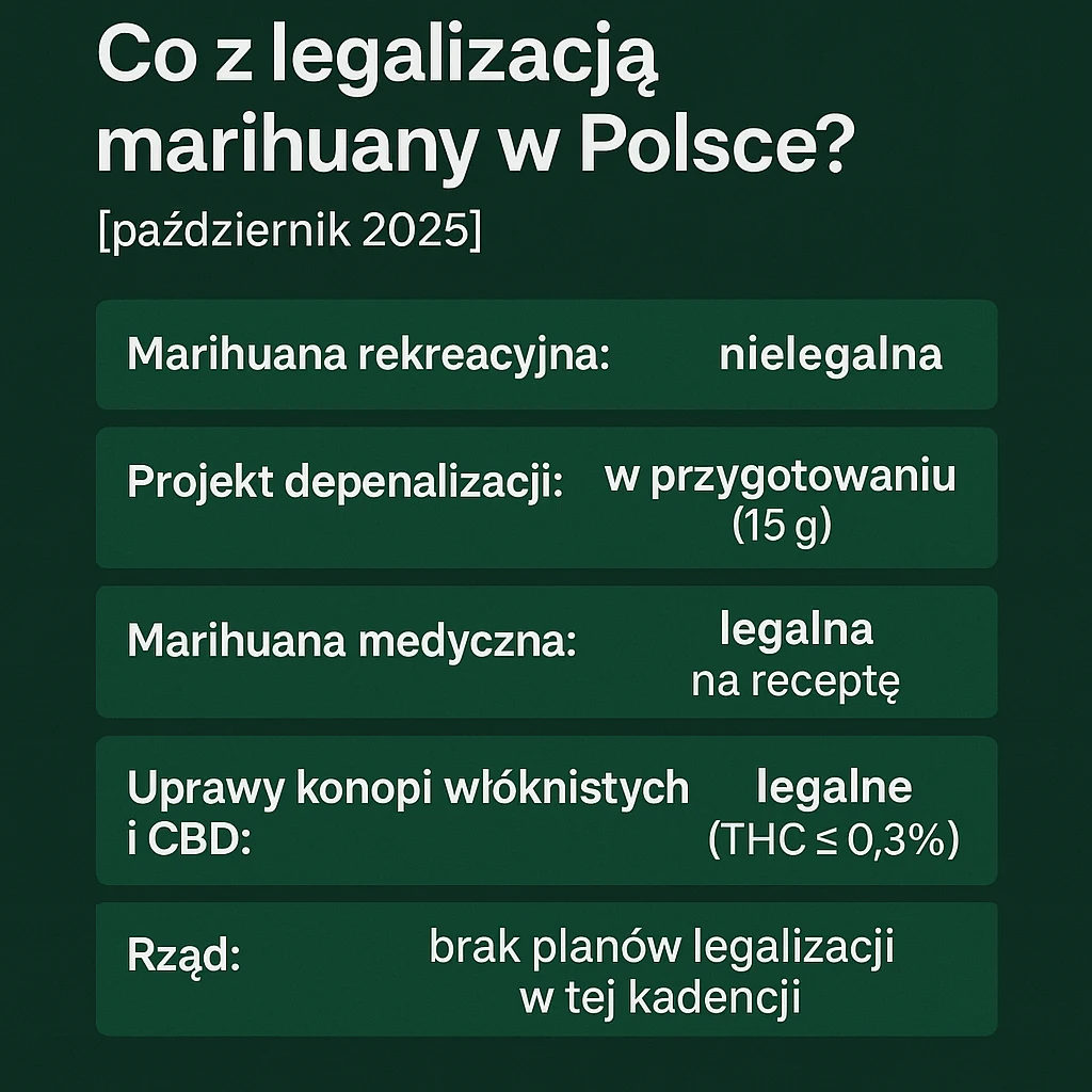 Infografika przedstawiająca aktualny stan legalizacji marihuany w Polsce w październiku 2025: marihuana rekreacyjna nielegalna, projekt depenalizacji 15 g w przygotowaniu, marihuana medyczna legalna na receptę, rząd bez planów legalizacji.