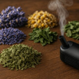 suszone zioła do waporyzacji — lawenda, rumianek, mięta i melisa — ułożone na drewnianym stole obok waporyzatora emitującego delikatną parę.