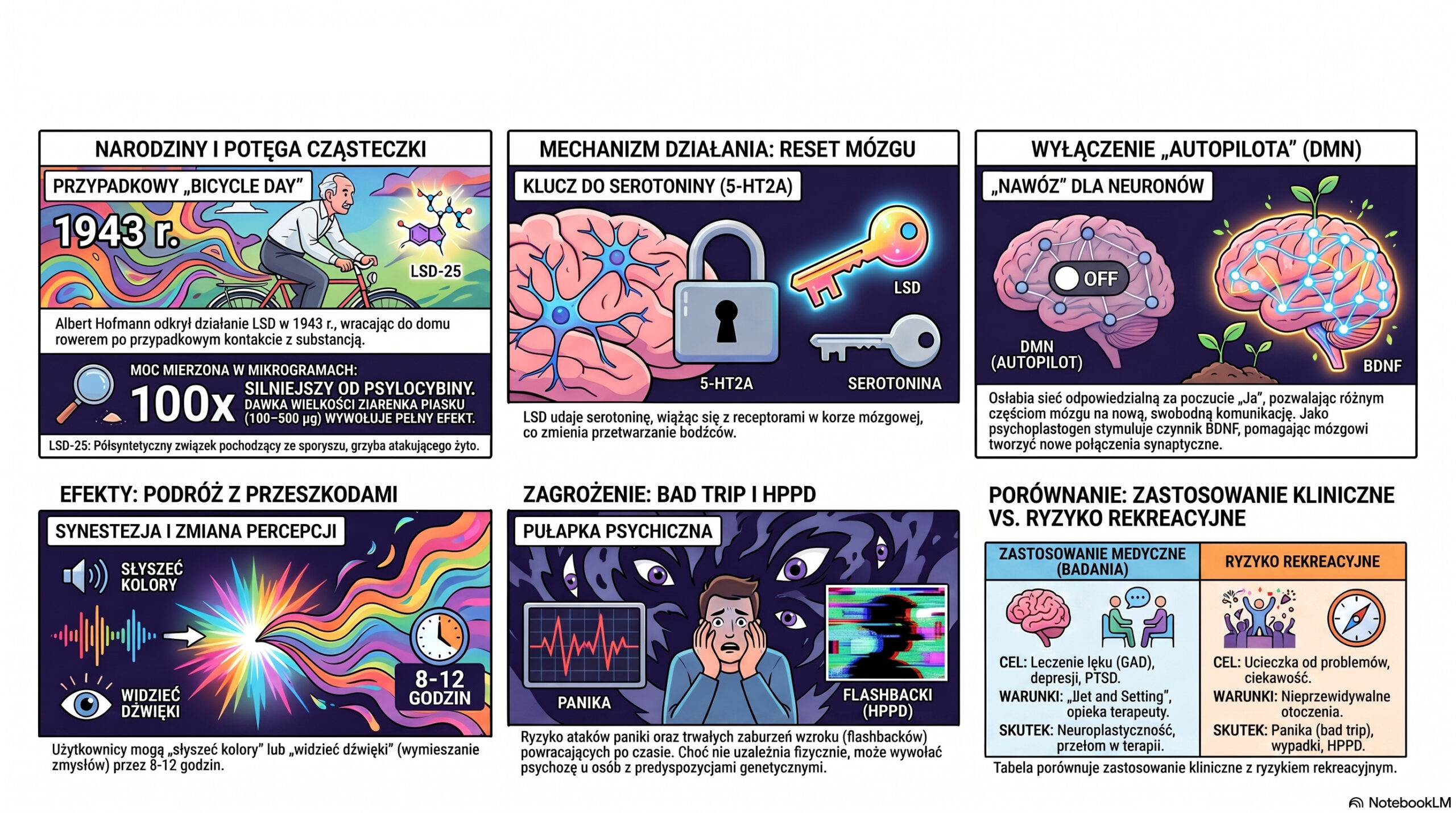 Infografika wyjaśniająca, czym jest LSD, jak działa na mózg, jakie daje efekty oraz jakie wiążą się z nim ryzyka psychiczne.