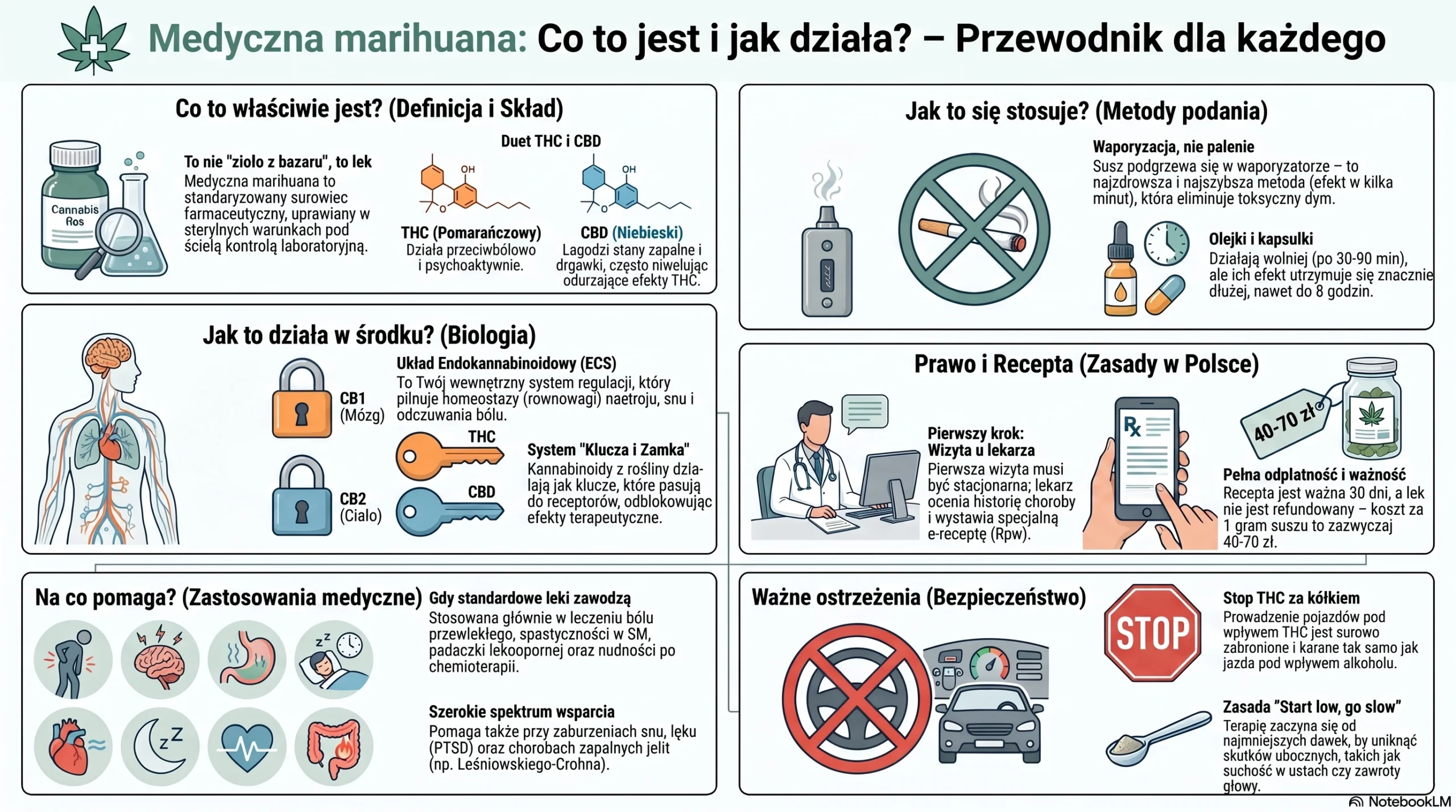 Infografika: medyczna marihuana (marihuana lecznicza) &ndash; czym jest, jej skład (THC i CBD) oraz jak działa
