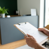 Pacjent z listą kontrolną w poczekalni kliniki konopnej
