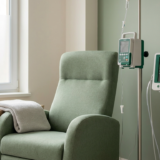 Fotel do wlewów, pompa infuzyjna i monitor parametrów życiowych w sali zabiegowej kliniki