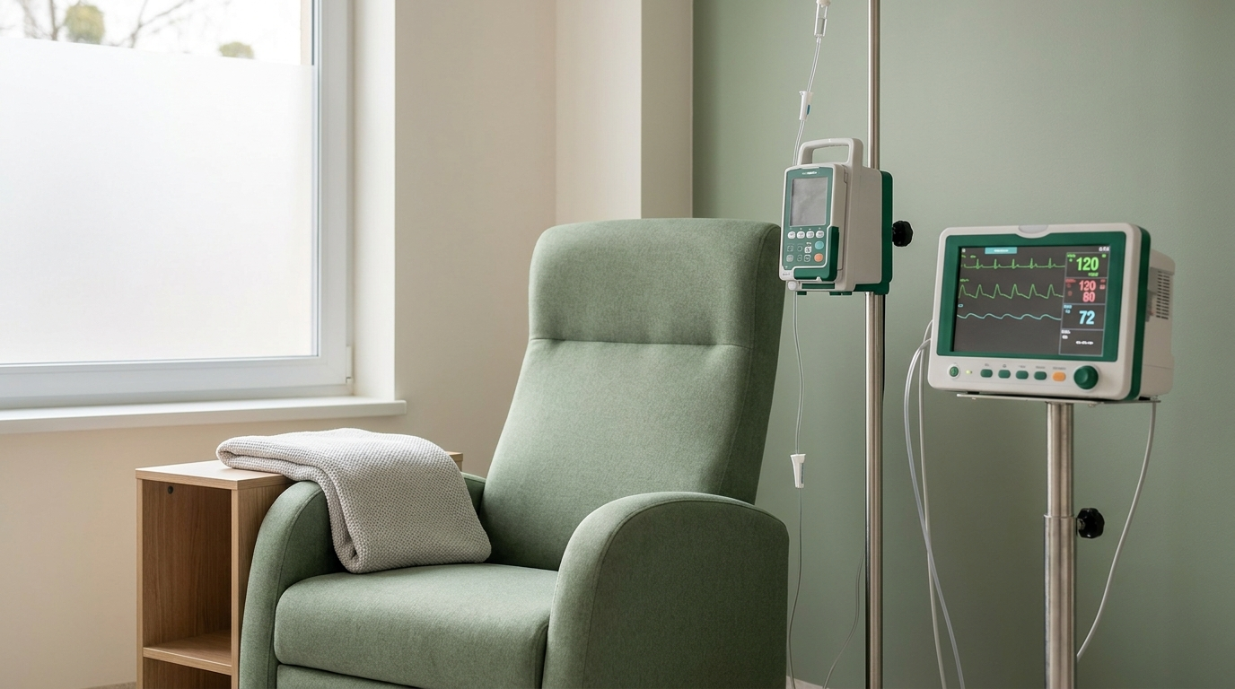 Fotel do wlewów, pompa infuzyjna i monitor parametrów życiowych w sali zabiegowej kliniki